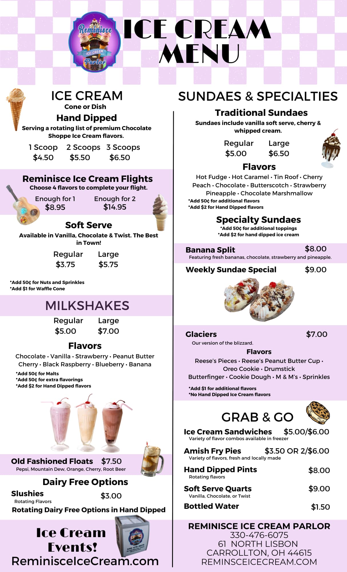 Reminisce Ice Cream Menu